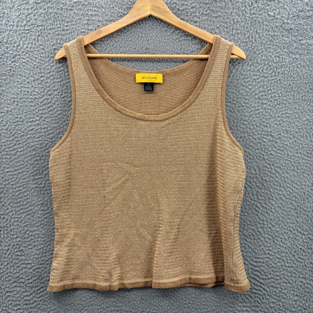 St. John Knit Shell Top Women XL Gold Metallic Sleeveless Scoop Neck Tank